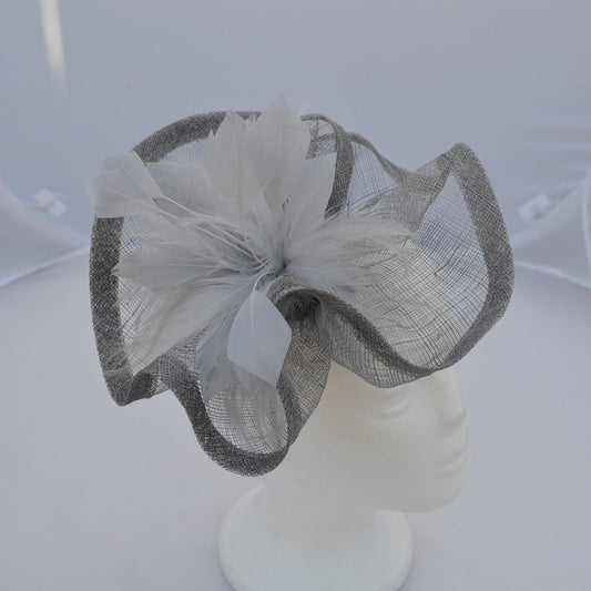 Grey Sinamay and Feathers Fascinator Hatinator with Clip and  HeadBand Weddings Races, Ascot, Kentucky Derby, Melbourne Cup